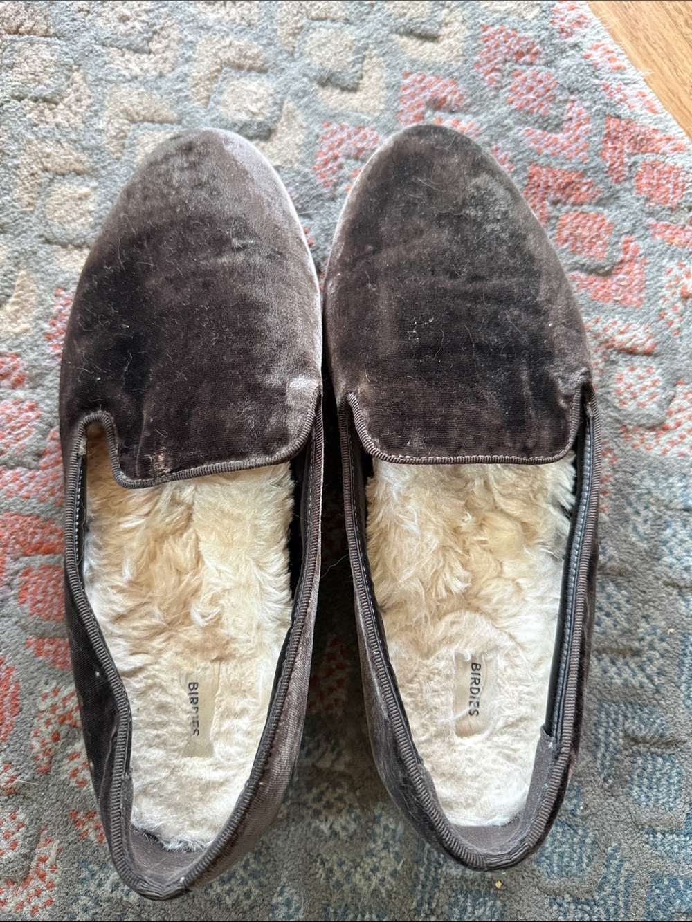 Birdies Women's Gray Velvet Slip-On Loafers with Cream Shearling